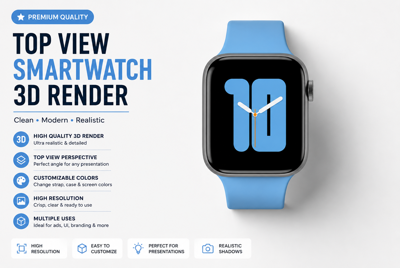 Top View Smartwatch 3D Render – Premium PNG Asset