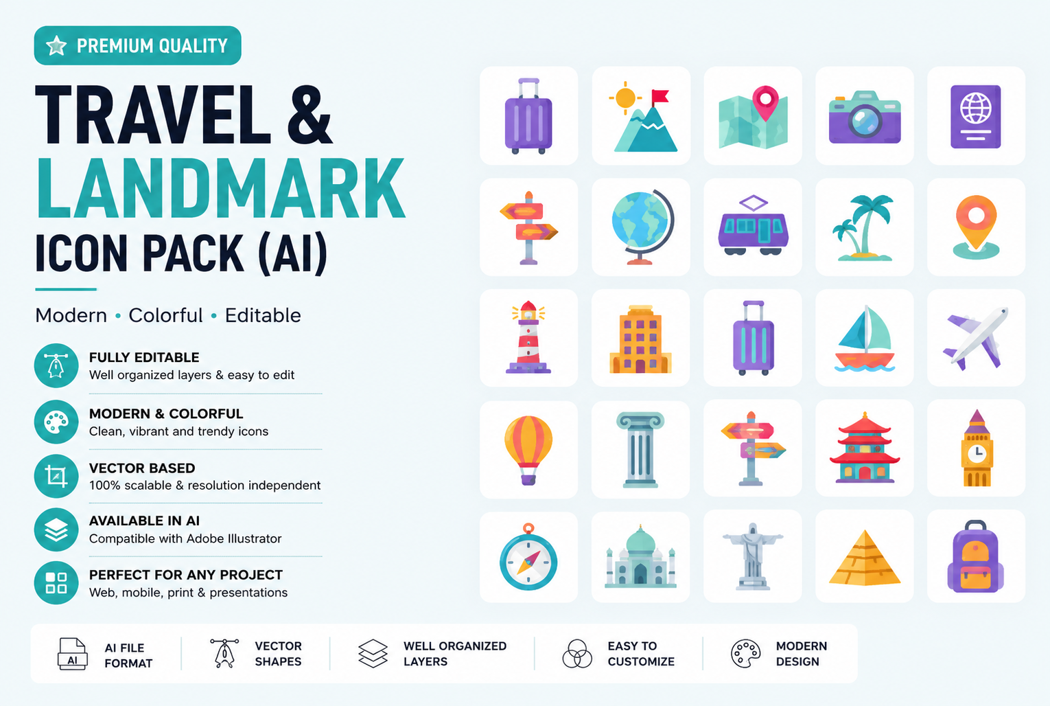 Travel & Landmark Icon Pack – Premium AI Vector Collection